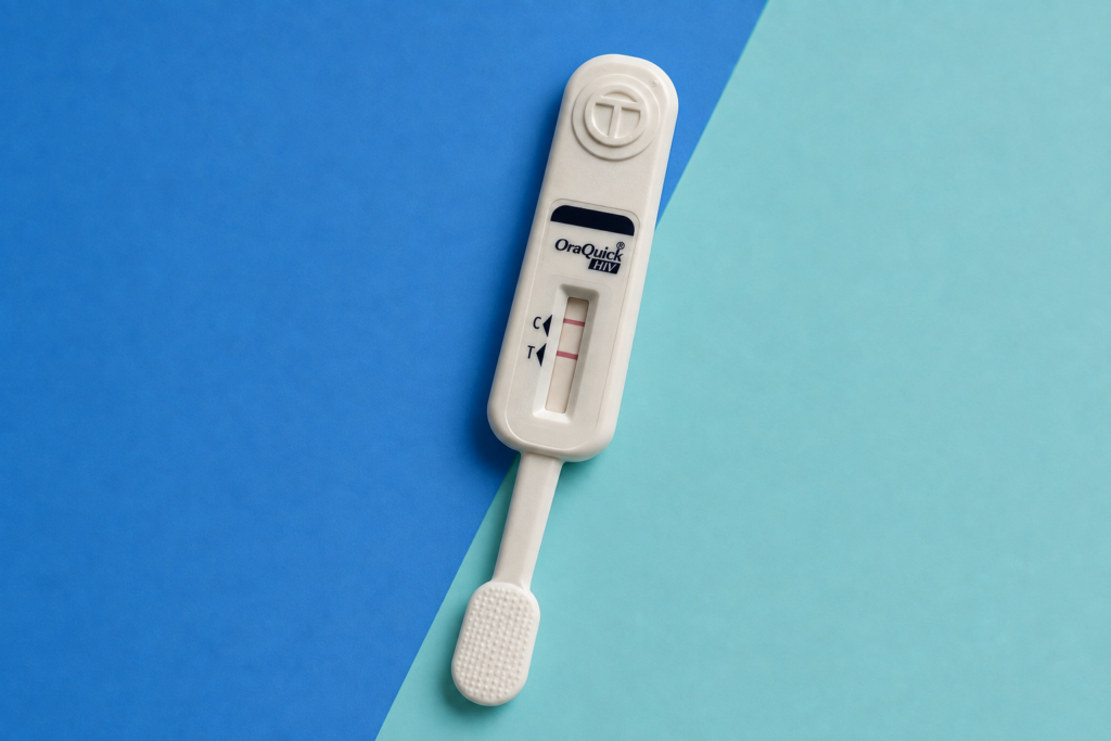 OraQuick HIV self-test showing a reactive result with lines next to C and T