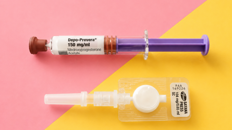 Depo-Provera pre-filled syringe and Sayana Press self-injection device on a pink and yellow background