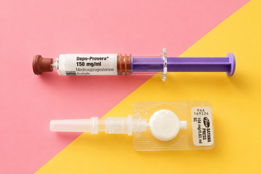 Depo-Provera pre-filled syringe and Sayana Press self-injection device on a pink and yellow background