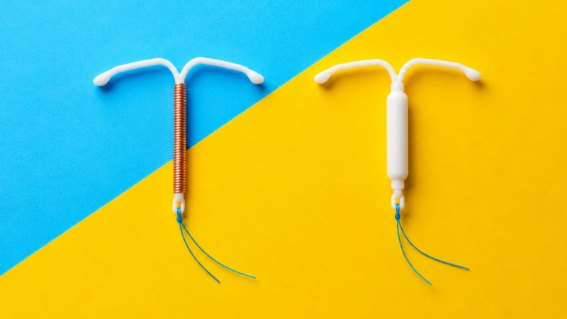 Copper coil and hormonal coil shown side by side on a blue and yellow background