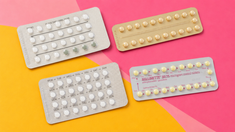 Four different contraceptive pill blister packs on a pink and yellow background