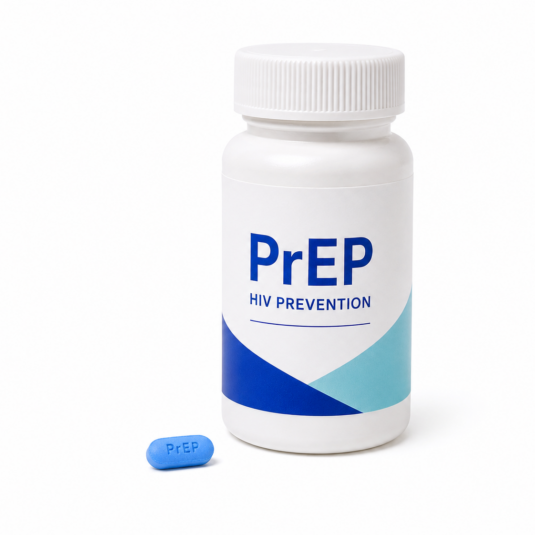 Blue PrEP tablet beside a bottle of PrEP medication