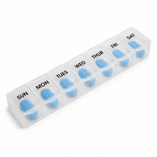 Weekly pill organiser with a blue PrEP tablet in each daily compartment