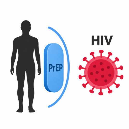 Easy Read illustration showing a blue PrEP tablet between a person and HIV, representing how PrEP helps shield the body from HIV.