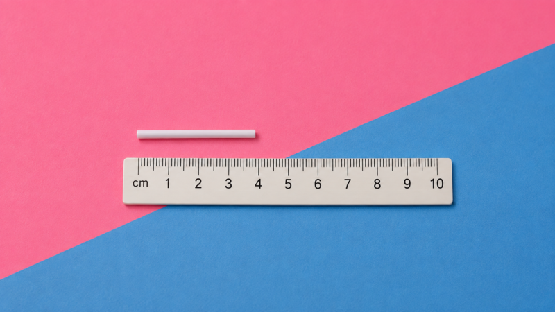 Single contraceptive implant shown next to a ruler to show its size