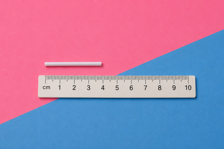 Single contraceptive implant shown next to a ruler to show its size