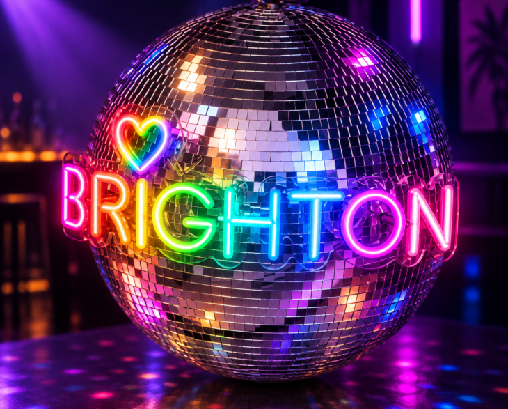 Mirrored disco ball with a rainbow neon heart and the word Brighton