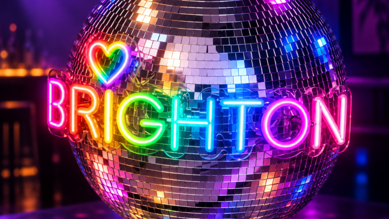 Mirrored disco ball with a rainbow neon heart and the word Brighton