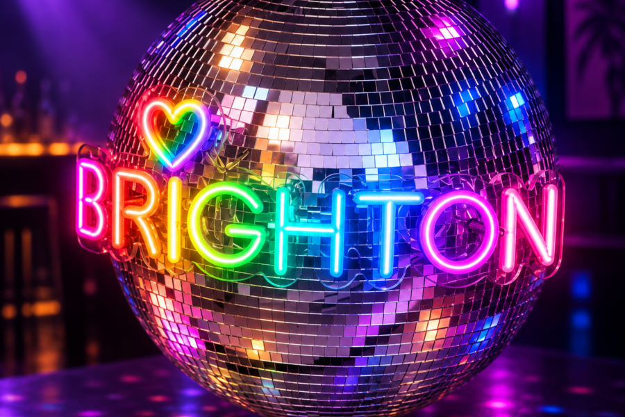 Mirrored disco ball with a rainbow neon heart and the word Brighton