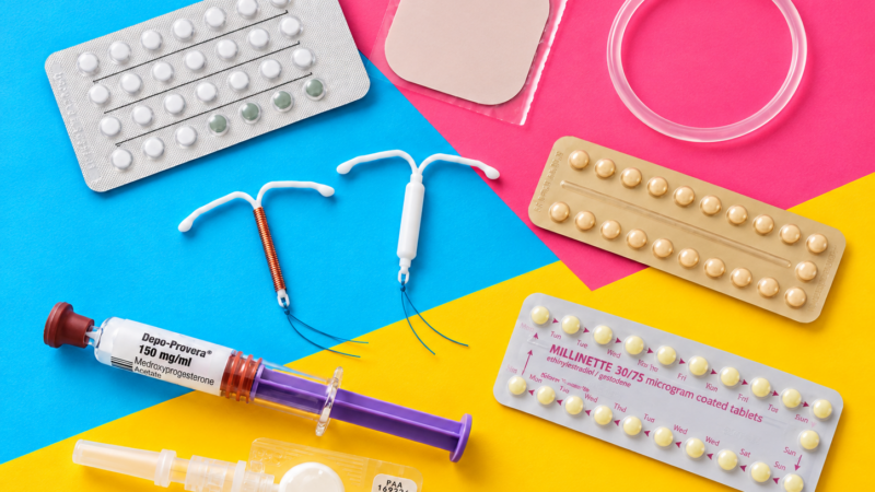 A selection of contraceptive methods, including pills, a patch, vaginal ring, contraceptive injection and two types of IUD.