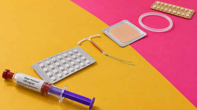 Contraceptive methods arranged in a diagonal sequence, including an injection, desogestrel pill, IUD, patch, vaginal ring and combined pill.