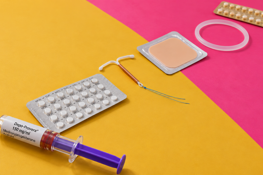 Contraceptive methods arranged in a diagonal sequence, including an injection, desogestrel pill, IUD, patch, vaginal ring and combined pill.