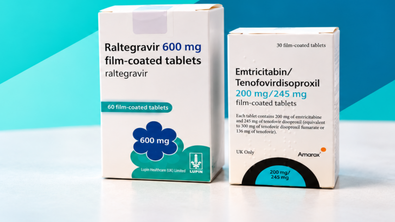 Boxes of raltegravir 600 mg tablets and emtricitabine/tenofovir disoproxil 200 mg/245 mg tablets on a teal background.