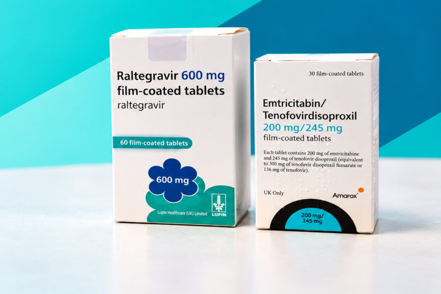 Boxes of raltegravir 600 mg tablets and emtricitabine/tenofovir disoproxil 200 mg/245 mg tablets on a teal background.
